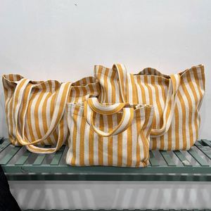 Grand sac de courses réutilisable en coton rayé personnalisé, sac fourre-tout en tissu à chevrons avec longue poignée - Product Image 6