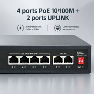 Switch PoE 4 ports 100M intelligent AI, 2 ports Uplink, IEEE802.3AF/AT, isolation VLAN, longue distance 250m pour AP WiFi et caméra IP - Product Image 1