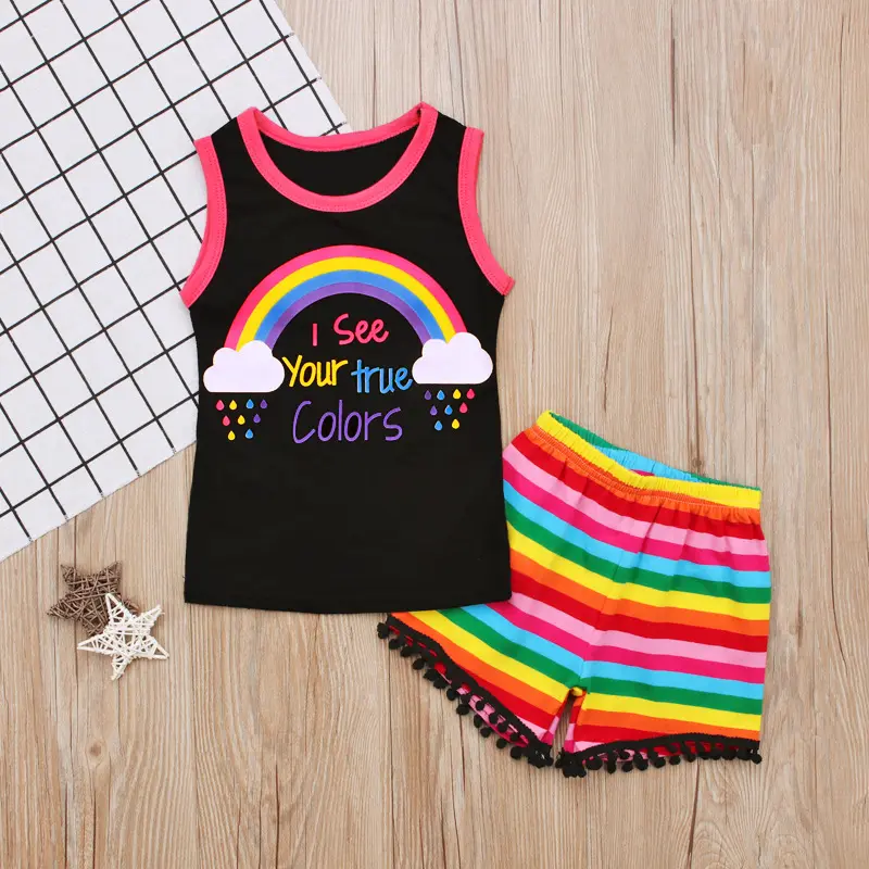 1244 rts korea fashion summer Children's print rainbow cotton clothes infant kid short suit two-pieces vest girl clothing Set