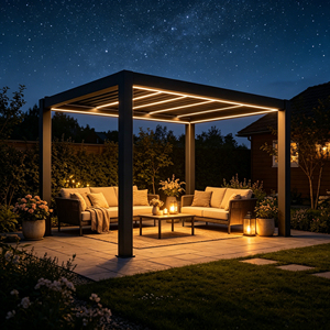 Toldo de Patio Moderno Motorizado de Aluminio con Techo de Láminas Ajustables para Exteriores, Apto para Todas las Estaciones, con Recubrimiento en Polvo y Drenaje Oculto de Agua de Lluvia - Product Image 1