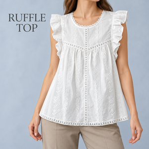 Chemisier Babydoll en Coton Tricoté Brodé à Col Rond pour Femme, Bordure en Dentelle, Sans Manches, Coupe Classique, Style Cottagecore, Haut d'Été Personnalisé - Product Image 1