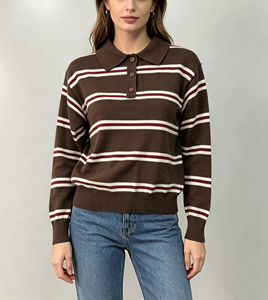 Retro Farbblock Gestreifter Polo-Strickpullover Damen Langarm Revers Strickoberteil - Product Image 2