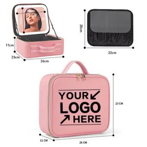Sac à maquillage personnalisé avec logo, miroir à lumière LED, fermeture éclair, grande capacité, boîte à cosmétiques portable professionnelle à double couche, organisateur portable - Product Image 1