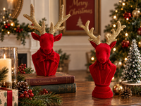 ODM Beflocktes Rentier-Büstchen-Set (2 Stück) – Weihnachtsbüstchen mit Goldglitzer-Geweih und Fliege, handgefertigt, festtags-Sammlerstück, Großhandel