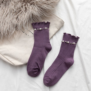 Vente en gros de <span class=keywords><strong>chaussettes</strong></span> pour femmes à la mode <span class=keywords><strong>jolies</strong></span> perles à volants en coton technique de tricot esthétique pour le printemps - Product Image 4