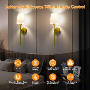 Appliques murales LED sans fil rechargeables, lampe en fer à piles avec ampoule à intensité variable et télécommande - Product Image 3