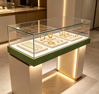Vitrine de présentation de bijoux en verre et bois avec éclairage LED, couleurs personnalisables et caractéristiques écologiques