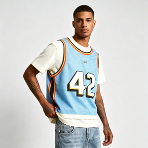 Camiseta <span class=keywords><strong>de</strong></span> <span class=keywords><strong>baloncesto</strong></span> <span class=keywords><strong>de</strong></span> malla con efecto <span class=keywords><strong>de</strong></span> dos piezas para hombre, estampada a medida, estilo crop top, número 42, ropa urbana hip hop, venta al por mayor. - Product Image 5