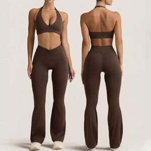 Conjunto de pantalones acampanados de yoga y sujetador con cuello halter y corte en V de cintura alta para mujer, ropa deportiva de compresión para entrenamiento y fitness - Product Image 3