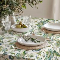 Nappe florale bleue et verte à motif botanique, décoration de salle à manger de style campagnard, style vintage fait main