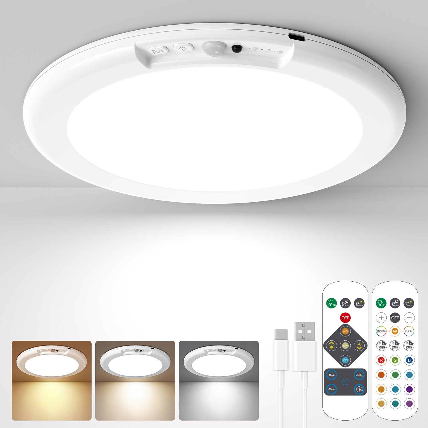 Smart Motion Sensor Ceiling Light with Remote Battery Operated Closet Light Wireless LED Shower Lights 3CCT Indoor Overhead Lamp