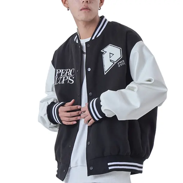Custom patchwork leather sleeve baseball jackets spring/fall loose coat for men