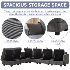 Ensemble de canapé modulaire moderne en velours côtelé avec ottoman de rangement en mousse, 6 places, convertible en lit, meubles de salon pour appartement - Product Image 5