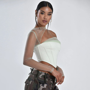 <b>Women's</b> Asymmetric <b>Mesh</b> Strapless <b>Top</b> Green And Red Color Blocking Breathable Polyester Summer Leisure <b>Tops</b> - Product Image 4