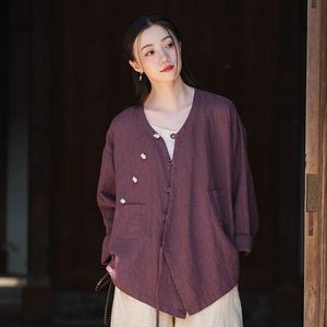 Women's Cotton Linen Shirt V-Neck Wrap Tie Long Sleeve Chinese Zen Style Top Maben Dark Green Everyday Wear - Product Image 4
