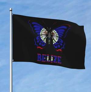 <span class=keywords><strong>Drapeau</strong></span> de la Belize avec l'écusson de la Belize <span class=keywords><strong>sur</strong></span> un fond bleu, 3x5 pieds, 100% polyester 100D, résistant aux UV - Product Image 1