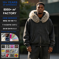 Veste streetwear oversize en molleton épais 100% coton, délavée à l'acide, style vintage, avec col carré amovible, fermeture éclair intégrale et logo personnalisé en relief