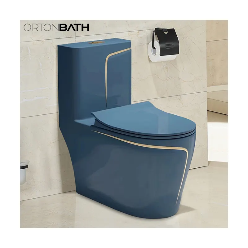 ORTONBATH warna biru dengan garis emas Toilet Timur Tengah peralatan sanitasi Toilet kecil tempat duduk Siphon satu bagian keramik WC Toilet