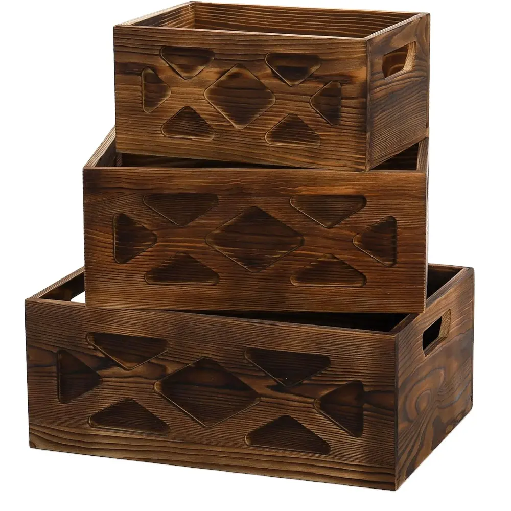 Деревенские декоративные деревянные ящики для хранения, контейнер для хранения, корзина, 3 упаковки, деревянные ящики для хранения с ручкой, деревянные ящики
