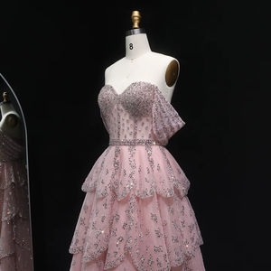 جانسيمبر LSZ612 فستان كريستال وردي قبالة الكتف طبقات تول الترتر حزب - Product Image 4