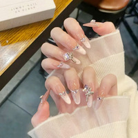 Faux ongles à presser faits main, style dessin animé français mignon, forme amande, dégradé transparent, avec motifs 3D (ours, étoile, nœud) et perles macaron, pour femmes, réutilisables au quotidien