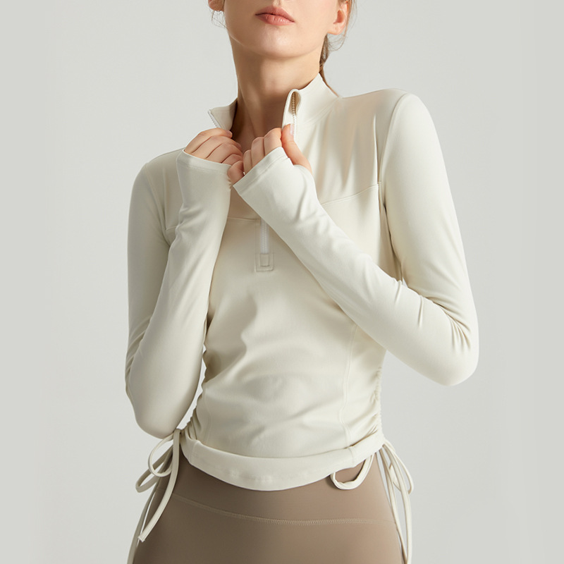 Long Sleeve Lightweight Quick Dry Seamless Plus Size Tank Top Women's Half Zip Drawstring Fold Slim Yoga Workout Clothing Front