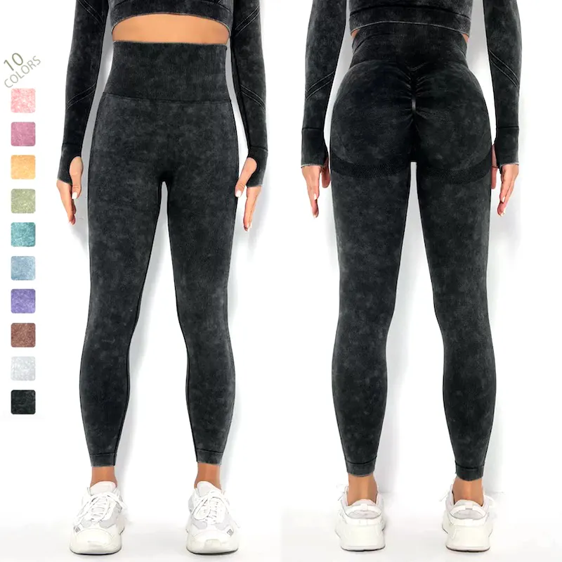 Mallas Push Up sin costuras De cintura alta para mujer, pantalones De Yoga lavados con ácido personalizado, color negro, nuevo estilo De moda