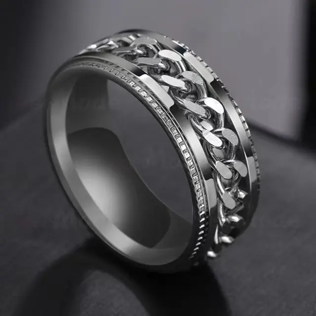Tik Tok Cool Chain Inlaid Stainless Steel Spinner Rings Popular Wide Stress Relieving Anxiety Fidget Rings For Men