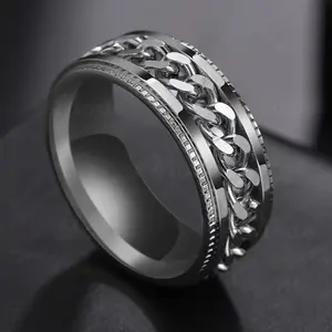 Tik Tok-Anillo giratorio de acero inoxidable con incrustaciones para hombre, anillos populares, anchos, para aliviar el estrés y la ansiedad