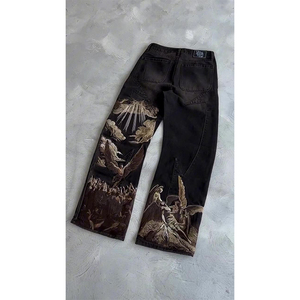 Người Đàn Ông Của Baggy Cổ Điển Thẳng Chân Đen Axit Rửa Sạch Quần Jeans Quá Khổ 3D Thêu Thiết Kế Mô Hình Denim Vải - Product Image 6