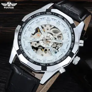 Pemenang Merek Pria Jam Tangan Mekanis Automatic Skeleton Jam Tangan Fashion Kasual Kulit Jam Tangan Perak Clock Reloj Hombre