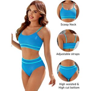Women's High Waisted Ribbed Bikini Two Piece Swimsuit Scoop Neck Adjustable Straps Stretch Bathing Suit - Product Image 4