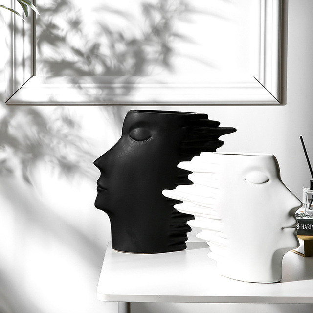 Nordic Style Black White Abstract Human Face Vase Luxury Small Ceramic Porcelain for Home Wedding Inspired by Flat Art Painting
