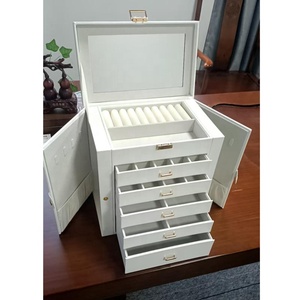 5 niveaux PU cuir <span class=keywords><strong>bijoux</strong></span> organisateur <span class=keywords><strong>grande</strong></span> <span class=keywords><strong>capacité</strong></span> maison PU cuir boîte de rangement avec miroir verre collier maquillage stockage - Product Image 6