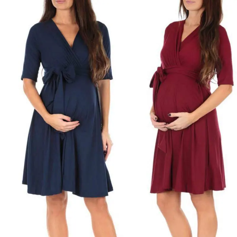 Wholesale stocks plus size pregnant dress clothing solid color soft maternity dresses pregnant women