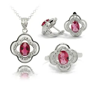 pendant necklace earrings ring 925 silver wholesale luxury wedding jewelry sets CZ cubic zircon ruby jewelry set