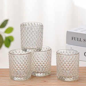Factory Wholesale Small Size Embossed Transparent Christmas Round Glass Candle Holder Cup for Weddings Home DIY
