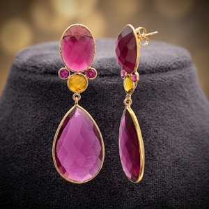 Pendientes de Plata de Ley Chapados en Oro de 14K al por Mayor, con Piedras Preciosas Multicolor de Moda y Detalles en Forma de Lágrima Ovalada Rosa y Amarilla - Product Image 3