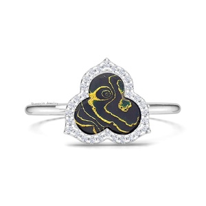 Original Unique Jewelry Cubic Zirconia 925 Sterling Silver Dark Blue Leaf Clover Flower Natural Texture Tree Wood Grain Ring