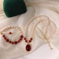 Ensemble de bijoux en argent plaqué or de luxe, collier, bracelet et boucles d'oreilles en agate rouge et perles, certifié NGTC, pour femmes