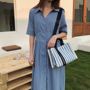 Bán buôn tùy chỉnh in logo mùa hè không thấm nước mua sắm phụ nữ bãi biển Sling sọc sac <span class=keywords><strong>Chic</strong></span> bông vải Tote Túi cho phụ nữ - Product Image 5