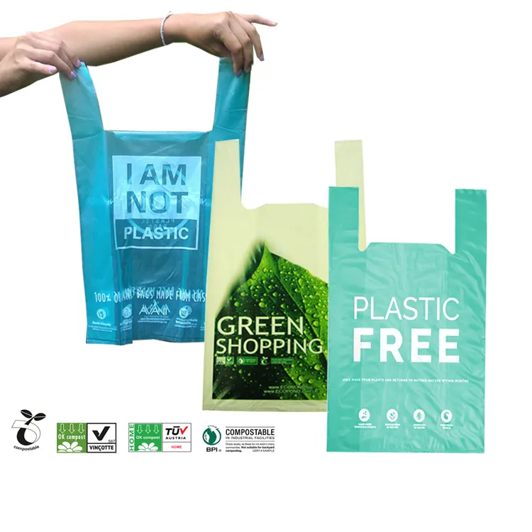 Tùy Chỉnh Nhà Máy Nhỏ Dựa Compostable Nhựa Vest T-shirt Siêu Thị Mua Sắm Carrier Cornstarch Phân Hủy Sinh Học Tshit Túi