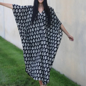 Boho Maxi <b>Dress</b> Women V-Neck Batwing Sleeve Loose Fit Block Print Cotton <b>Summer</b> Casual Wear Breathable <b>Kaftan</b> <b>Dress</b> For Women - Product Image 1