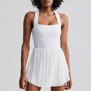 1 Piece Soft Breathable Cross Back Women Tank Summer Golf Tennis Pleated Dress With Inside Shorts