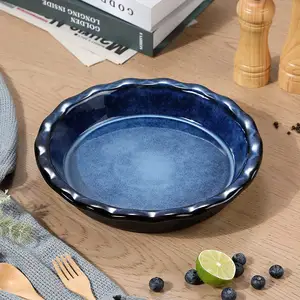 Custom Logo Shape Ceramic Round Baking Dish With Ruffled Edge Pie Pans Deep Dish Pie Pan For Baking
