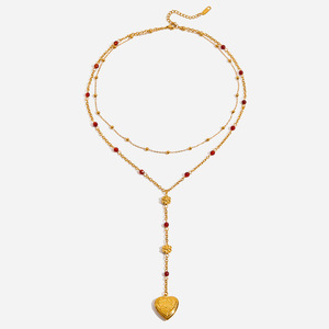 Collar con Colgante de Caja de Fotos en Forma de Corazón, Cadena de Doble Capa con Cuentas de Acero Inoxidable, Joyería de Regalo - Product Image 1