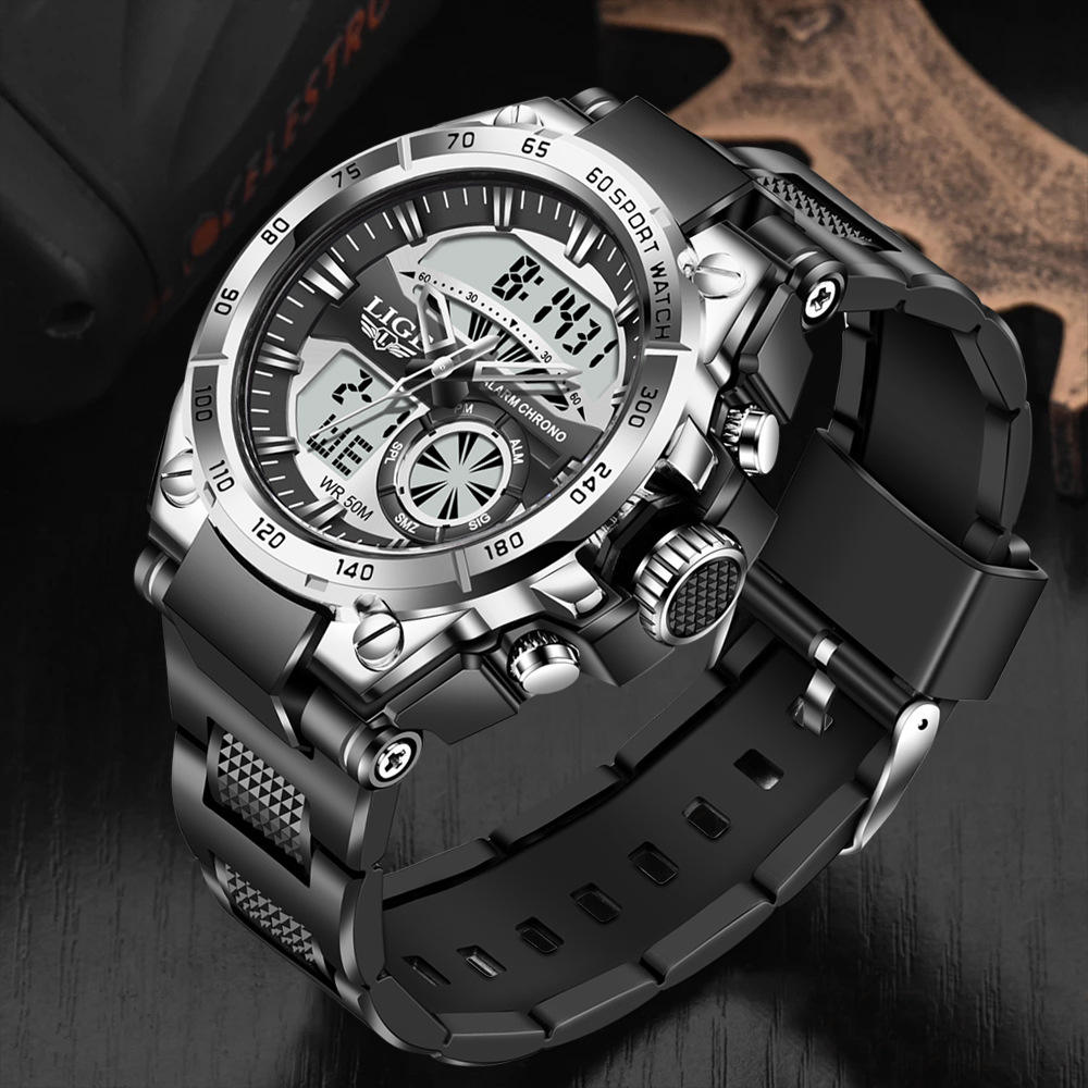 LIGE LG8971 5ATM Water Resistant Stainless Steel Watch Mens Fashion  Wristwatch Time Analog Digital Quartz Watch for Men
