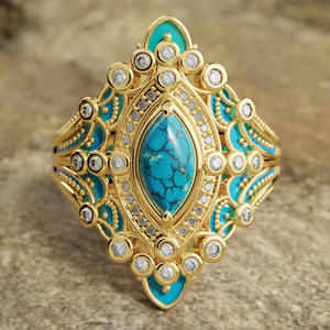 T0924 Women's Cocktail <b>Ring</b> 18K Solid <b>Gold</b> <b>Turquoise</b> Marquise Cut Round Diamond Bezel Setting Geometric Party Jewelry - Product Image 1