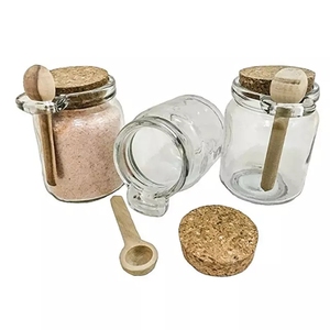 wooden rid round glass storage jar with wooden spoon, honey jar, glass spice jar