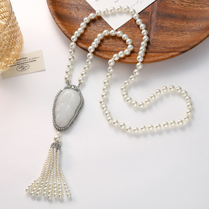 Guohaoshipin Pearl Tassel Necklace With Green And White Stone Pendant For Party Fashion Sweater Chain - Product Image 3
